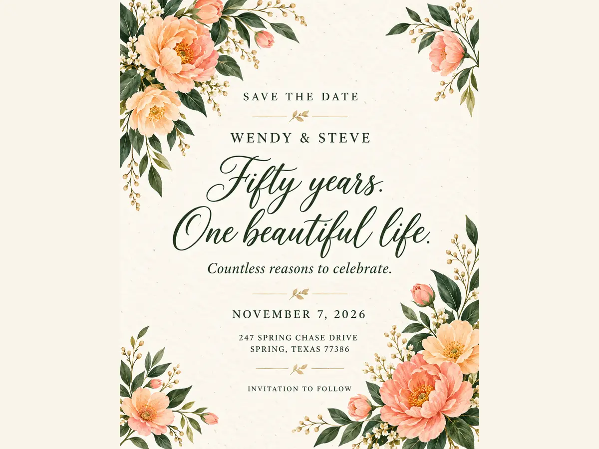 Save-the-date artwork for Wendy and Steve's 50th anniversary celebration on November 7, 2026, in Spring, Texas.